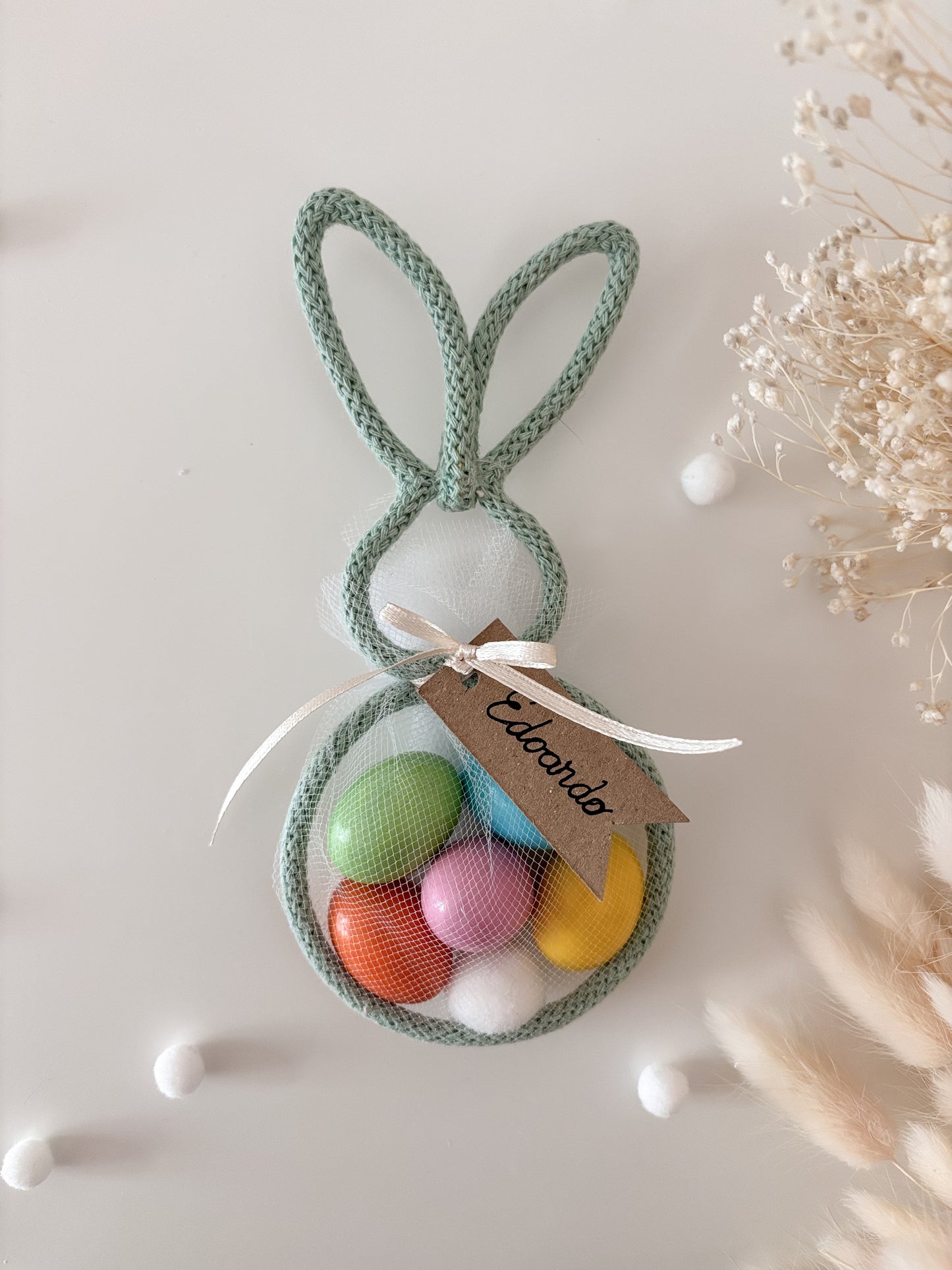 Coniglietto Pasquale / segnaposto di Pasqua con ovetti di cioccolato