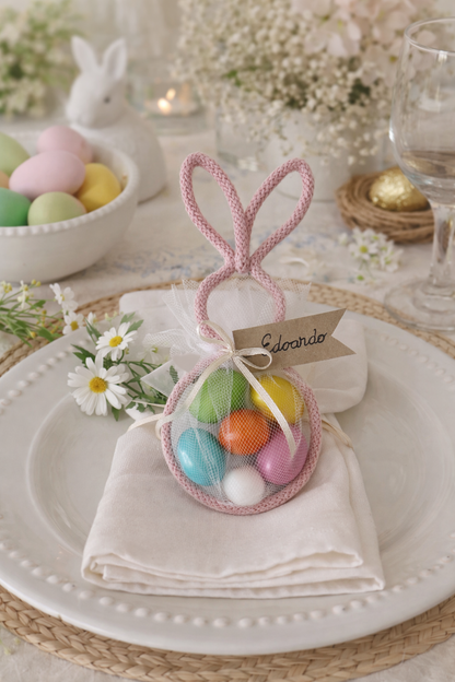 Coniglietto Pasquale / segnaposto di Pasqua con ovetti di cioccolato