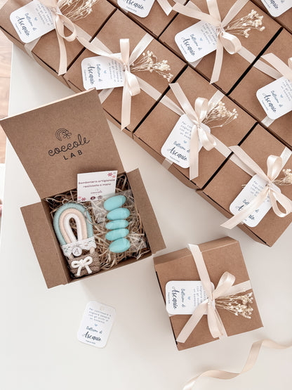 Bomboniera mongolfiera con scatolina quadrata / sacchetto e confetti