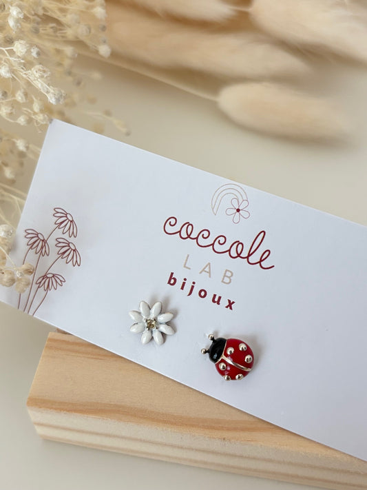 Orecchini fiore e coccinella in argento925 smaltati